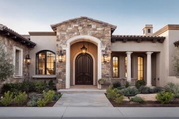 Fototapeta premium New luxury home exterior with arched entry, columned covered patio and stone masonry detail