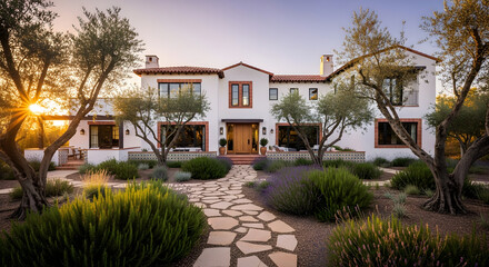 Fototapeta premium New luxury Mediterranean villa architecture with large windows and palm trees stands as a tropical resort home under a clear Florida sky in the morning