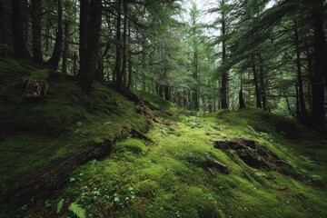 Obraz premium Moss-Covered Forest Floor Under Dense Evergreen Pines and Firs