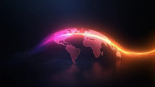 Glowing Earth: Illuminated global map with vibrant neon streaks, a captivating visual representation of interconnectedness, energy and technological advancement.