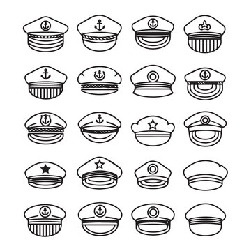 Collection of Nautical Caps and Hats with Anchors and Stars Vector Illustration