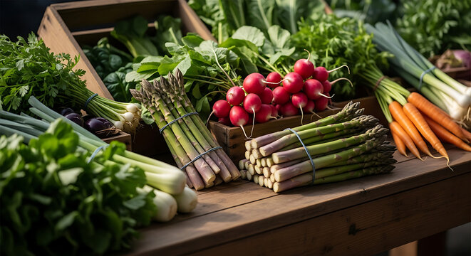 Freshly harvested garden vegetables displayed in wooden crates on a rustic table