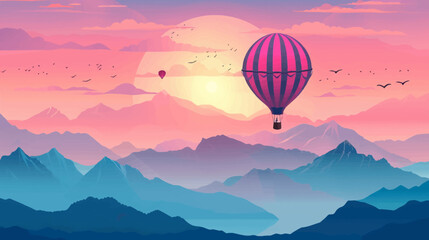 Pixelated landscape features a hot air balloon and silhouettes of birds at sunset © wafa