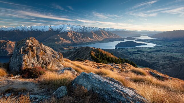Expansive View from a High Track Over Lake Wanaka, New Zealand