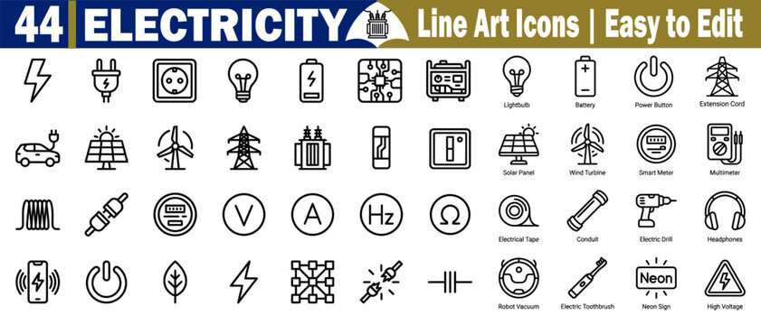 Electric power and electronics line icons. Featuring a smart meter, a renewable energy source power button, home appliances, and an industrial components vector illustration.