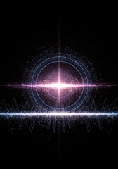 Obraz premium Abstract visualization of quantum energy flow using glowing geometric patterns and complex rhythmic light waves across a dark void, curve, uncertainty, wave
