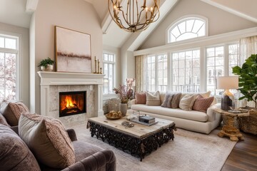 Naklejka premium Staged, sophisticated living room featuring vaulted ceilings, warm fire, and refined furnishings