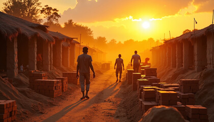 Workers walking at brick kiln during sunset with warm glow illuminating surroundings. Brick kiln scene with workers transporting materials in evening light creates a sense of industrious community.