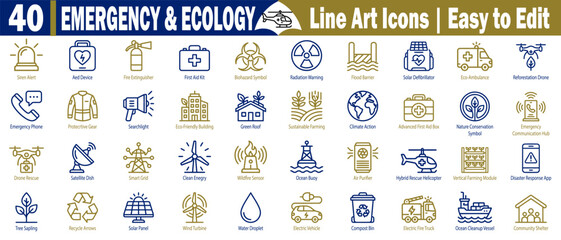 Emergency services and ecological conservation line icons. Depicting rescue vehicles, safety equipment, green energy solutions, and environmental symbols in a vector illustration. © Logo Solution