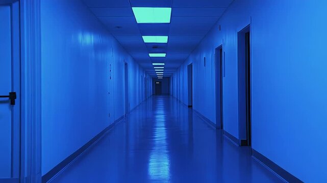 Empty fluorescent lit medical corridor in cool blue tones, sterile and minimalist, long vanishing perspective evoking isolation, silence, liminal mood, and clinical calm