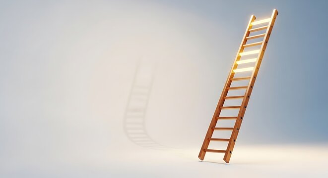 Wooden ladder leaning against white wall with shadow for career development and success concept