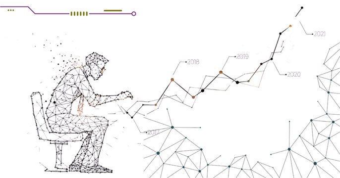 Business Data Analytics And Growth Concept With Polygonal Man Working On Laptop And Rising Chart