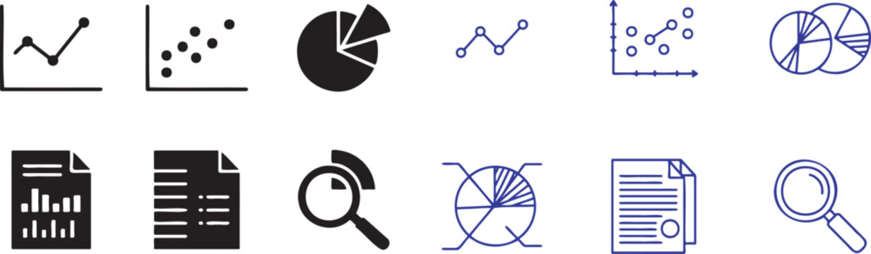 Collection of diverse business analytics icons and charts including line graphs scatter plots pie charts bar charts on documents and magnifying glass representing data analysis research and financial