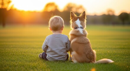 Child and dog sit together in a field at sunset backlit with golden light
