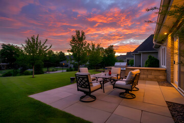Fototapeta premium A home's patio and backyard at dusk.