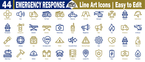 Emergency response line art icons set. Featuring ambulance, fire truck, police car, stretcher, first aid kit, megaphone, flashlight, lifebuoy, and evacuation symbols vector illustration. © Logo Solution