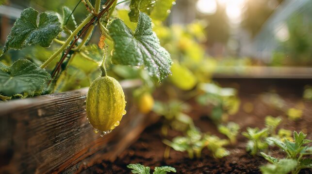 Harvest-ready lemon cucumber amid lush greenery in summer garden