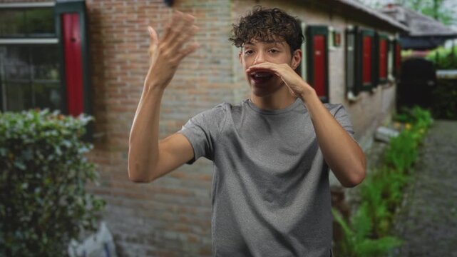 Teenage boy gesturing with hand and miming speech in front of brick building window, casual tshirt and courtyard visible; playfulness communication.