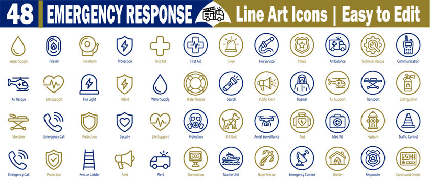 Emergency response line art icons set. Including ambulance, police siren, fire service air rescue, hazmat, medical kit, aerial surveillance, and emergency comms vector illustration.