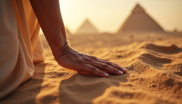 Scene from the Bible with Moses touching sand in front of pyramids at sunset. Biblical scene highlights connection with history and nature, showcasing Moses in desert landscape with pyramids.