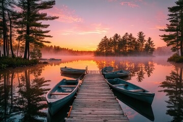 Fototapeta premium Golden hour reflections on a quiet lake dock at sunrise