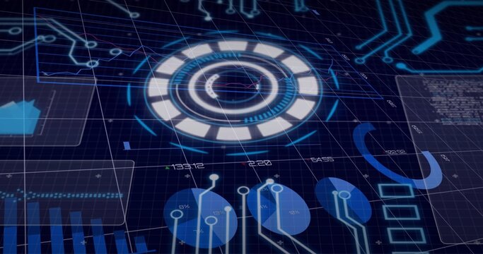 Displaying central ring HUD pulsing in virtual dashboard, showing Cartesian grid, panels, readouts