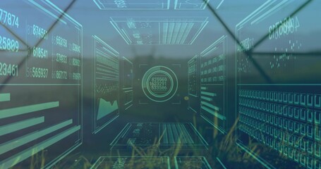 Fototapeta premium Displaying data corridor of HUD over field, showing panels, numbers, circular target, grass
