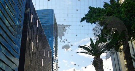 Rising reflective skyscrapers with vertical window strips in downtown canyon, palm and grid overlay