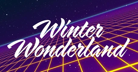 Fotobehang Wintersport Displaying large cursive 'Winter Wonderland' text in retro neon grid, cyan horizon and starfield  © vectorfusionart