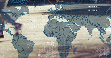 Displaying semi-transparent global map HUD on wooden deck with hex grid, markers, blurred leg