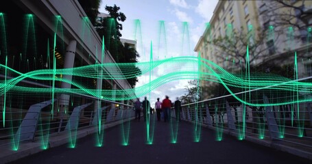 Naklejka premium Walking group wearing coats one red with backpack crossing railed bridge at street, green waveform