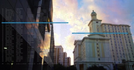 Naklejka premium Framing neoclassical dome tower on street at sunset, showing mirrored glass facade and data overlay