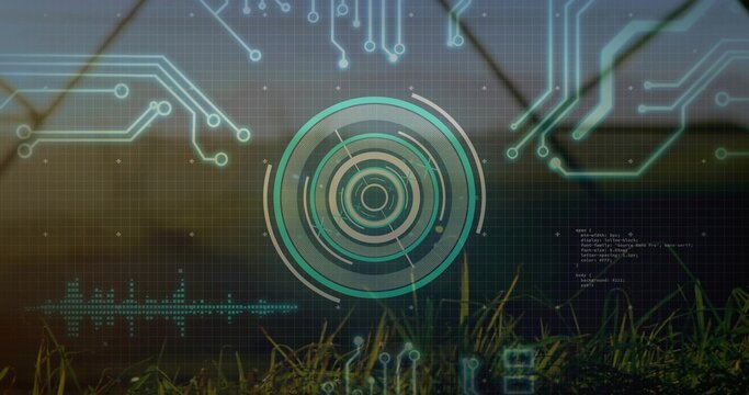 Displaying concentric HUD floating over grass near greenhouse frames, showing waveform and circuits