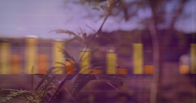 Contrasting centered fern-like stem slicing through rail at dusk, with blurred train windows