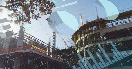 Rising concrete core with tower-crane displaying HUD data showing 45% 71% 68% at construction site