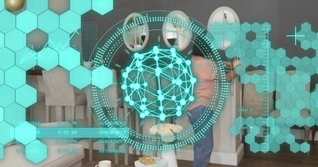 Naklejka premium Helping two men steadying senior woman wearing light blouse in living room, with teal AR HUD