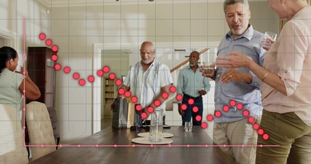 Conversing six adults in casual attire holding drinks at home dining room with red graph overlay