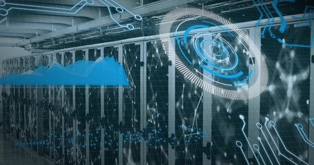 Displaying central server racks glowing with LED lights in data center, with area chart HUD