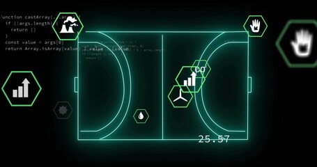 Displaying neon-teal court schematic on HUD, showing arcs, midline, 25