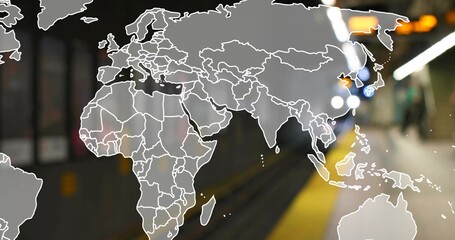 Naklejka premium Overlaying faint white world map showing continents over subway platform, with yellow tactile strip