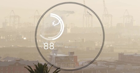 Naklejka premium Displaying HUD overlaying sepia-toned waterfront skyline, with gantry cranes and palm canopy