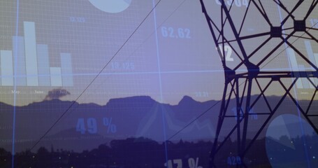 Showing silhouetted power pylon with high-voltage lines on right, dusk, data overlays, copy space