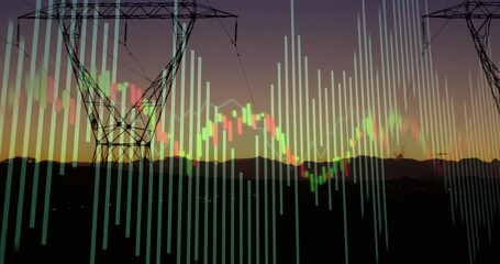 Framing pylon pair with power lines at dusk, showing vertical bar and red green candlesticks
