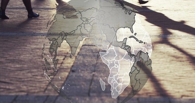 Floating globe hologram showing continents over warm tiled floor, heels, flats casting long shadows