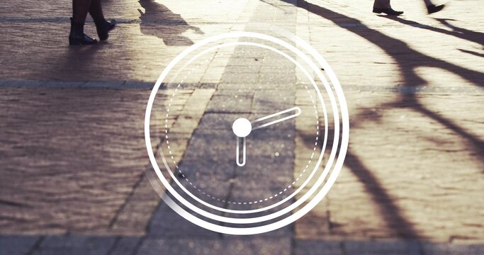 Showing white clock overlay on sunlit plaza with patterned tiles, tree shadows, heels, dress shoes