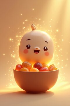 Lindo personaje de dibujos animados en 3D con forma de taz&oacute;n de d&aacute;tiles