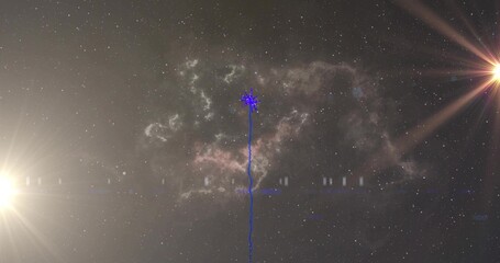 Emitting vertical blue beam ending in starburst in outer space, with nebula, flares, artifacts © vectorfusionart