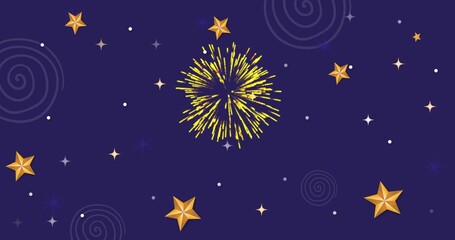 Naklejka premium Glowing central yellow firework radiating across navy night sky, with gold faceted stars