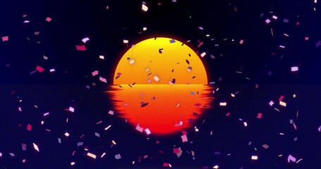 Naklejka premium Glowing circular orb hovering on horizon over rippling water, reflecting with scattered confetti