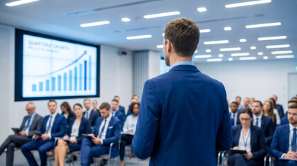 A confident businessman presents financial growth statistics on a large screen to an attentive audience during a corporate seminar